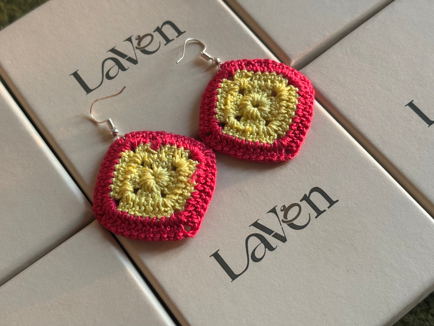 Handmade Crochet
Diamond Shape
Earring- Yellow and Pink