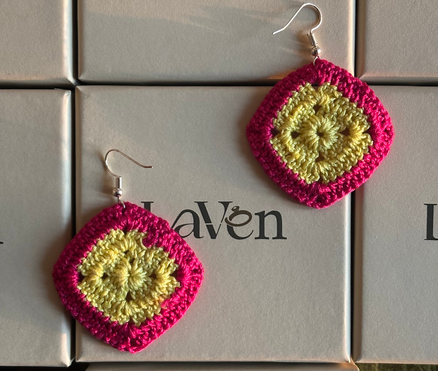 Handmade Crochet
Diamond Shape
Earring- Yellow and Pink