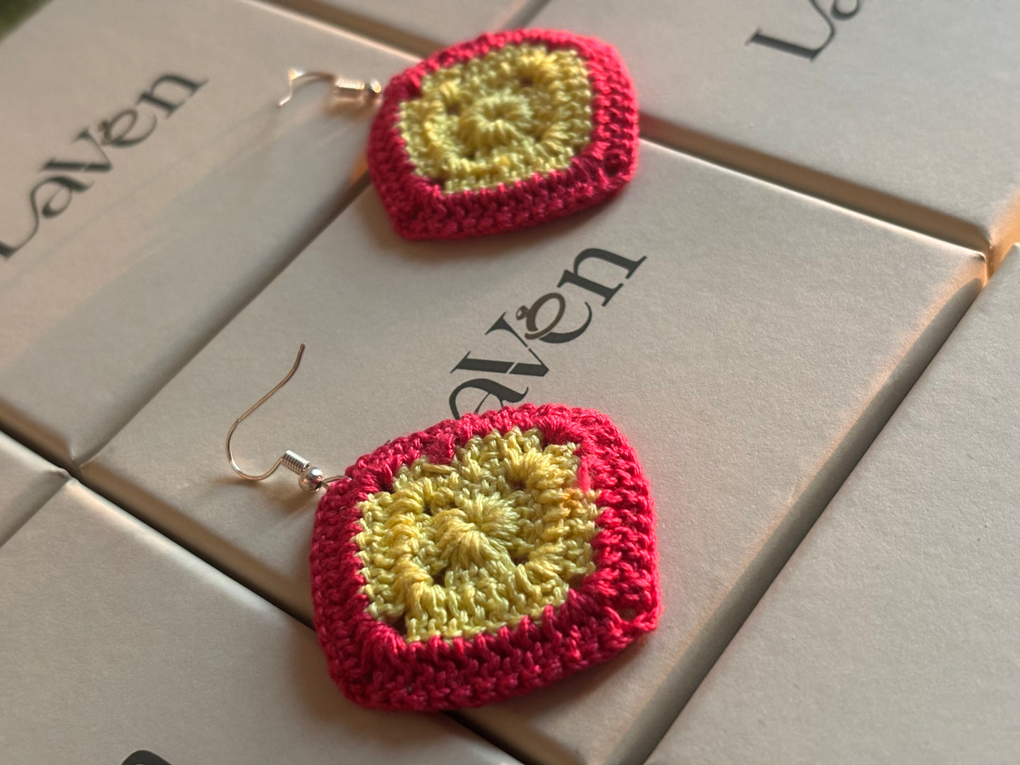 Handmade Crochet
Diamond Shape
Earring- Yellow and Pink