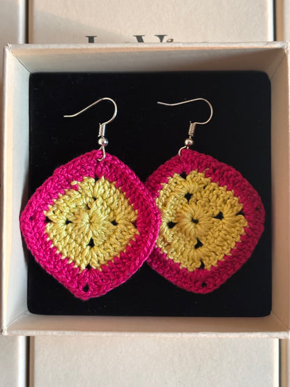 Handmade Crochet
Diamond Shape
Earring- Yellow and Pink