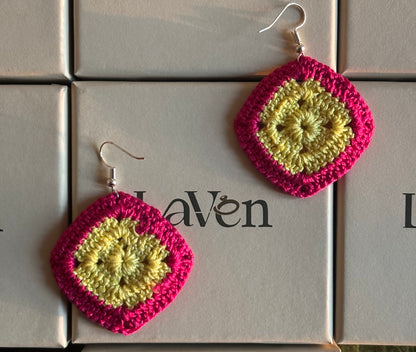 Handmade Crochet
Diamond Shape
Earring- Yellow and Pink