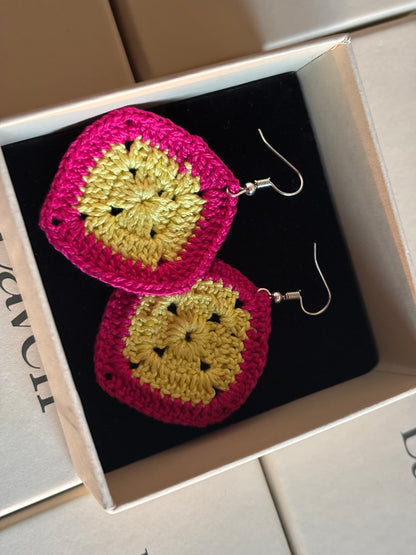 Handmade Crochet
Diamond Shape
Earring- Yellow and Pink
